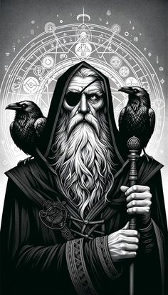 an old man with two crows on his shoulder