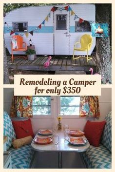 a camper that has been converted into a dining area with colorful chairs and tables