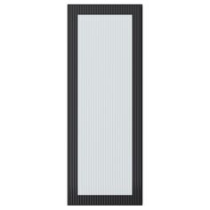 a tall black and white door on a white background, with vertical lines at the bottom