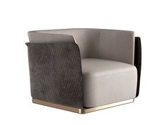 a gray and gold chair sitting on top of a white floor