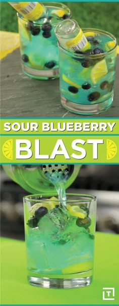 the blueberry blast recipe is ready to be eaten and served in glasses with lemon wedges