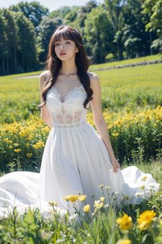 a woman in a white dress is standing in the middle of a field with yellow flowers