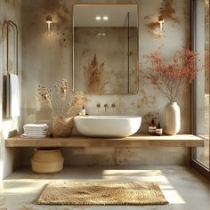 a bathroom with a sink, mirror and rug