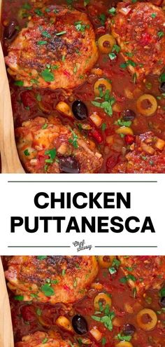 chicken pultanesca in a casserole dish with olives and parsley