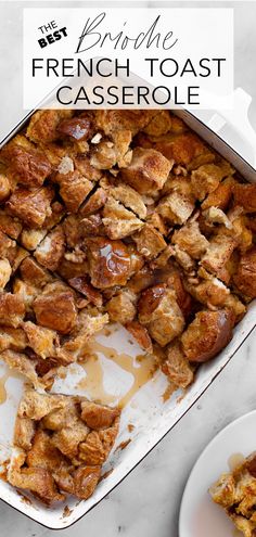 french toast casserole in a baking dish on a marble counter top with the title overlay