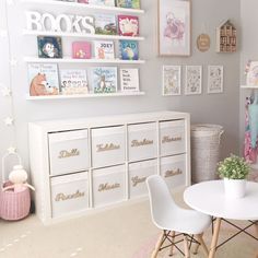 a child's room with white furniture and pictures on the wall above the table