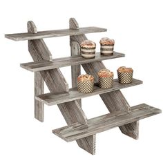 4-Tier Rustic Weathered Wood Retail Display Riser, Brown - MyGift Enterprise LLC Wood Retail Display, Torched Wood, Torch Wood, Cake Pop Stands, Wood Display Stand, Rustic Backdrop, Decorative Stand, Bakers Rack, Countertop Surfaces