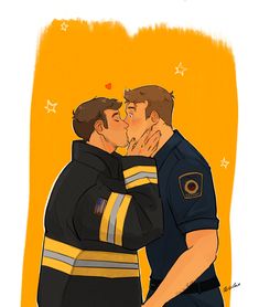 two fire fighters are kissing each other