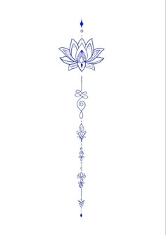 a blue and white drawing of a flower on a pole with an arrow in the middle