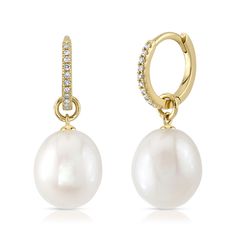 A modern update to classic pearls, these unique earrings from Shy Creation will add shimmer to your style. Fashioned in 14k yellow gold, these earrings feature a huggie hoop top that sparkles with round diamonds and a white freshwater cultured pearl drop. The diamonds are 1/20ctw, I or better in color, and SI2 in clarity. These earrings measure 0.90 inches in length and 0.35 inches in width. Diamond Huggies, Pearl Dangle Earrings, Pearl Hoop Earrings, Pearl Earrings Dangle, Pearl Charms, Everyday Earrings, Pearl Size, Pearl Drop Earrings, Sparkle Diamonds