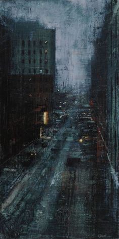 an oil painting of a city street at night with cars driving down the road and buildings in the background