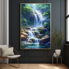 a painting hanging on the wall next to a chair