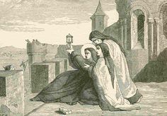 an old drawing of two women sitting on the ground with one woman holding her head