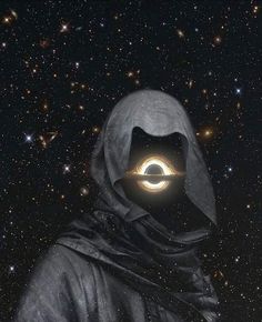 a person wearing a hooded jacket and hood with an eye glowing in the dark, surrounded by stars