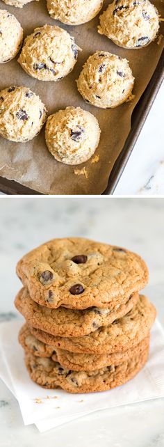 cookies and muffins are stacked on top of each other in the same pan