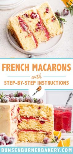 three different types of cake on plates with the words french macarons and step - by - step instructions