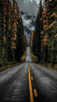 an empty road surrounded by trees with clouds in the background