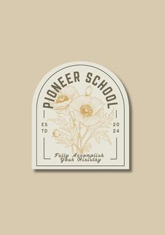 the flower school logo is shown in white and gold on a tan background, with an oval