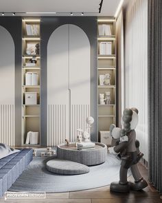 a living room filled with furniture and bookshelves next to a tall book shelf