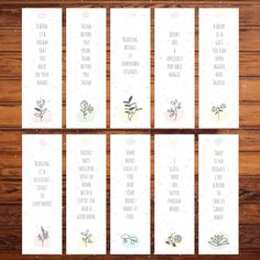 six bookmarks with flowers and words on them