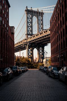 cars are parked in front of some tall buildings and a bridge over the water behind them