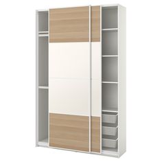 an open closet with two doors and drawers on the bottom, in white and oak