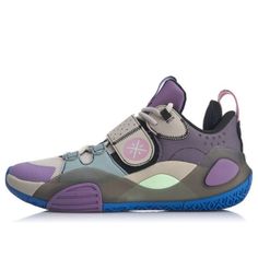 a pair of sneakers with purple and blue accents on the upper part of the shoe