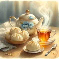 a painting of tea and dumplings on a table