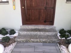 a front door and steps leading up to a house with succulents on the ground