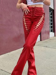 Lace Up Leather Pants Cut-out Lace Up Pu Leather Pants - AnotherChill Summer Streetwear, Red Pants, Type Of Pants, Slim Fit Pants, Slim Pants, Straight Pants, Women Lace, Straight Leg Pants, Flare Pants