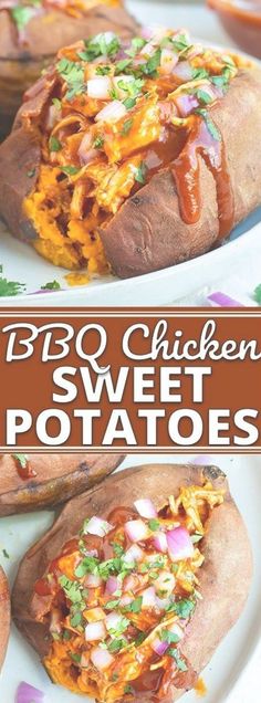 baked sweet potatoes with bbq chicken and sweet potato toppings on top, sitting on a white plate