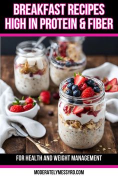 breakfast recipes high in protein and fiber for health and weight management with text overlay