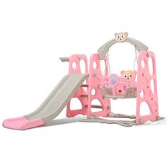 a pink play set with a slide and monkey on the top, in front of a white background