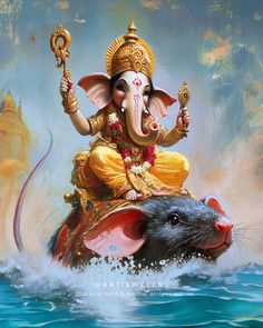 an elephant riding on top of a rat in the water