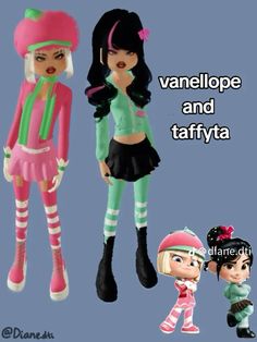 three cartoon dolls are standing next to each other with the caption's name above them