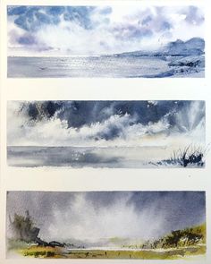 four watercolor paintings of clouds over the ocean