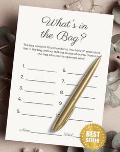 what's in the bag? printable game with gold pen and flowers on top