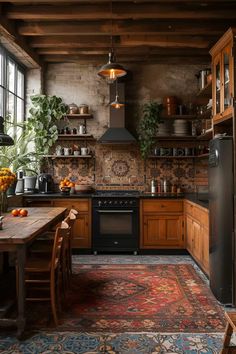 a kitchen with wooden cabinets and an old - fashioned rug on the floor is shown