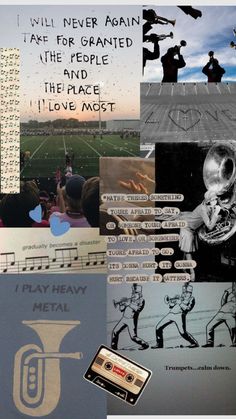 a collage of images with words and pictures on them that include music, baseball players