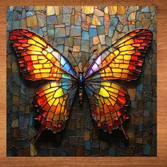 a stained glass butterfly sitting on top of a wooden table next to a wall hanging