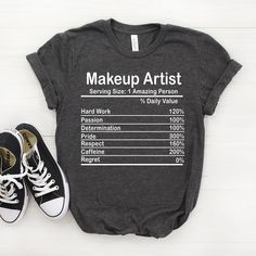 "Personalized Makeup Artist Nutrition Facts Shirt, Makeup Artist Shirt, Makeup Artist Gift, Makeup Artist T shirt, Makeup Artist Unisex Tee ♥ This is a great personalized Makeup Artist gift that will put a big smile on the recipient's face. Gift them an unforgettable memory now! 𝐒𝐈𝐙𝐈𝐍𝐆 𝗔𝗡𝗗 𝐂𝐎𝐋𝐎𝐑𝐒 For detailed sizing information and color options, please see the listing images. -B.C Only - It means that we have that color only for our Bella Canvas Tees. 📌 𝗛𝗢𝗪 𝗧𝗢 𝗢𝗥𝗗𝗘𝗥 𝟏 Boss T Shirt, Bella Canvas Tees, Drummers, Smile On, Lacrosse, Unisex Shirts, Scuba Diving, Tee Design, Lawyer