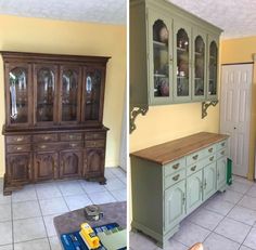 before and after pictures of a kitchen remodel with cabinets painted in light green