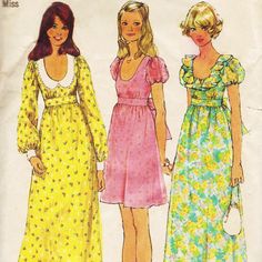 three women's dresses in different colors and patterns, one is yellow, the other has