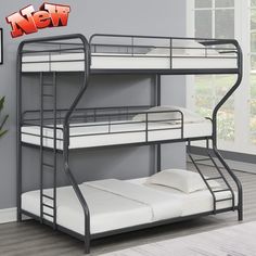 the bunk bed has two sets of mattresses on it