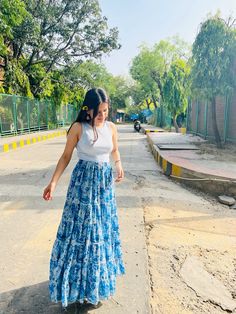 Women Casual Outfits Indian, Outfits To Wear In Vrindavan, Rishikesh Outfit Ideas Women, Traditional Western Dress, Indo Western Skirt Outfits, Vrindavan Outfit Ideas Women, Indo Western Outfits For Women Casual, Skirt Top Indian Outfit Casual