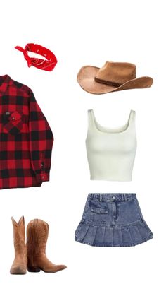 a red and black plaid shirt, white tank top, blue jean skirt, cowboy hat, and brown boots