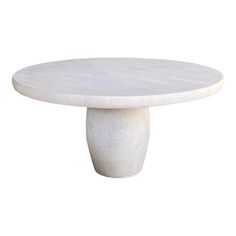 a white table with a round marble top on it's pedestal, against a white background