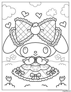 an animal girl coloring page with hearts in the sky and clouds above her, she is wearing