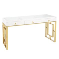 a white and gold desk with two drawers on each side, in front of a white background