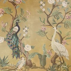 two birds are standing next to each other in front of flowers and leaves on a wall